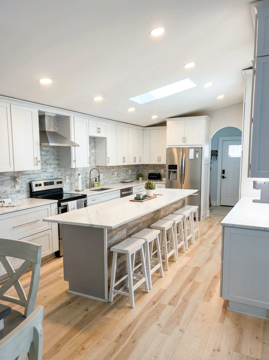 Large kitchen with quartz island and six stools