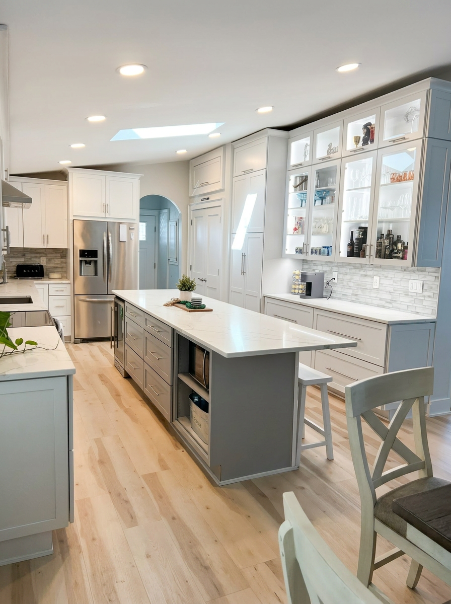 Sunlit kitchen detail with cabinetry and island