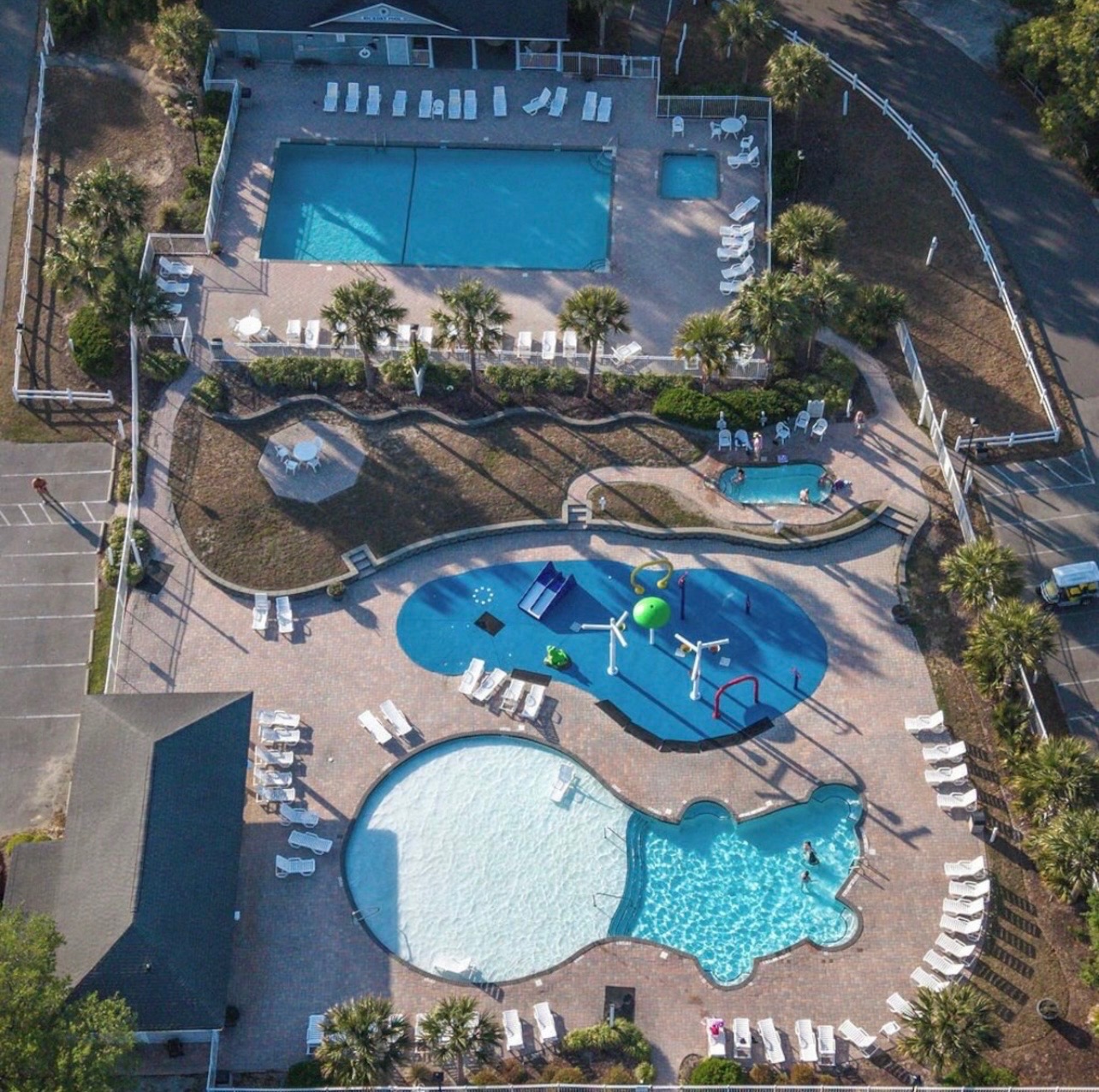 Aerial view of the resort pools & splash pad
